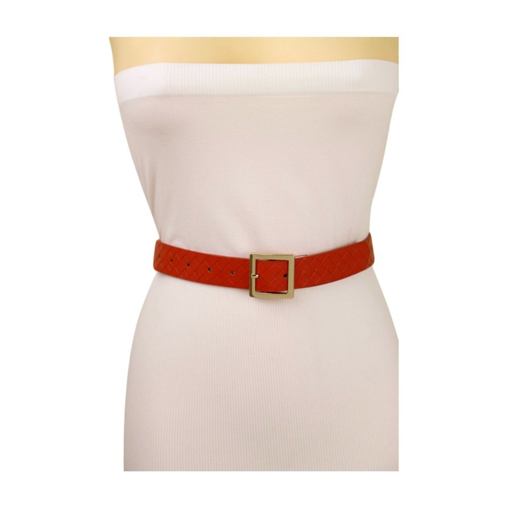 Women Orange Color Basket Weave Skinny Belt Gold Metal Square Buckle Size S M - Picture 9 of 17